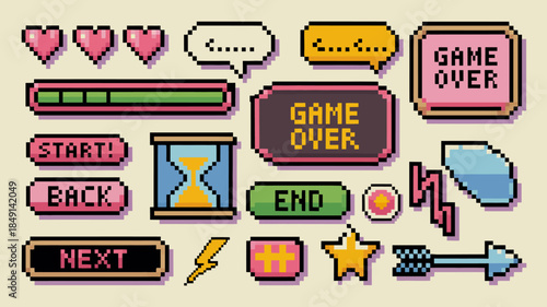 Retro Pixel Art Game Icons and UI Elements Collection