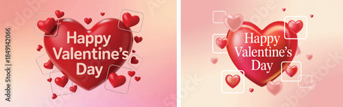 Happy Valentine's Day 3D Glossy Red Heart Background: Elegant Romantic Greeting Card Design and Festive Love Hearts Wallpaper Illustration for Social Media, Gifts, and Digital Celebration Deco