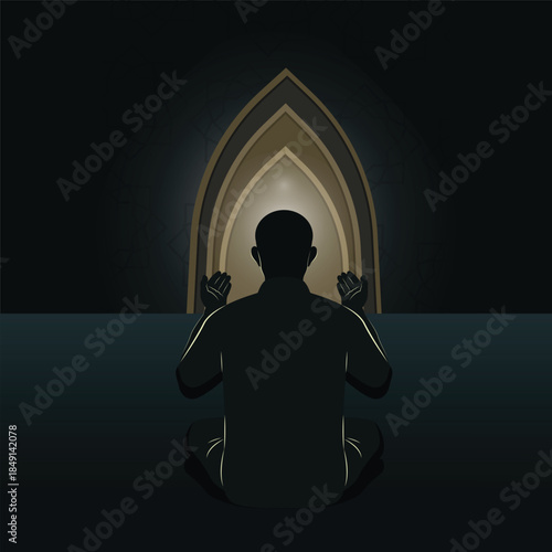 A dark minimalist vector illustration of a man sitting and praying with raised hands, facing a glowing archway