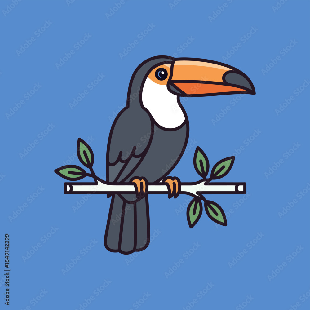 Naklejka premium A cartoon toucan bird with a large orange beak perched on a branch with green leaves against a blue background.