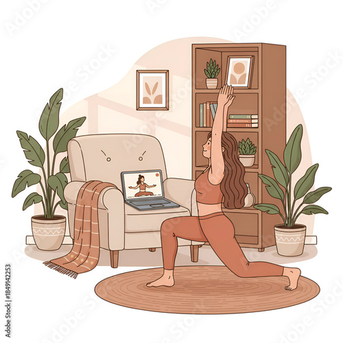 Serene Home Yoga Practice: Woman in Low Lunge Pose with Laptop Instructor, Cozy Room Plants, Bookshelf, and Armchair Vibes