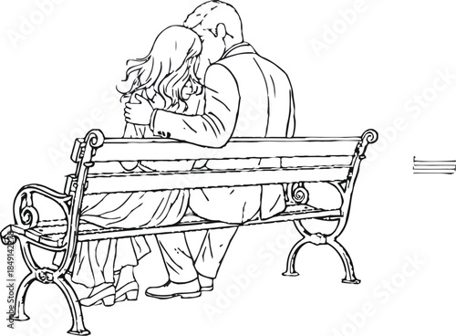 Romantic couple embracing intimately on a park bench under a bright celestial light in a charming vintage illustration style