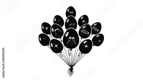 Cluster of black balloons with white numbers on white background