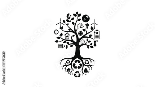 Eco friendly tree with roots and leaves made of recycled materials and sustainability symbols on white background
