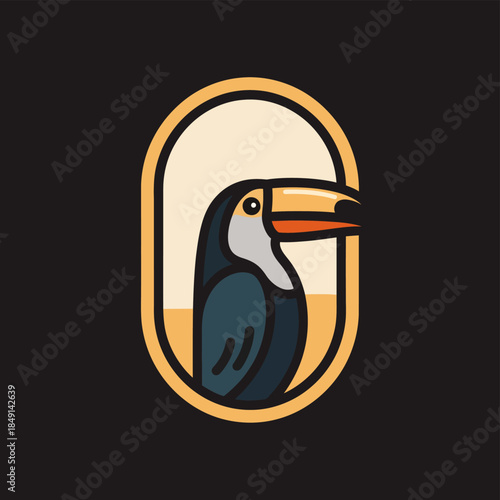 Stylized toucan bird with a large colorful beak in a golden oval frame.