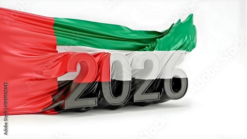3d rendering of the year 2026 with the flag of the united arab emirates waving over it