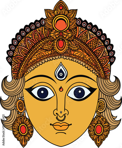 Indian Goddess Durga face ornate headdress elaborate jewelry