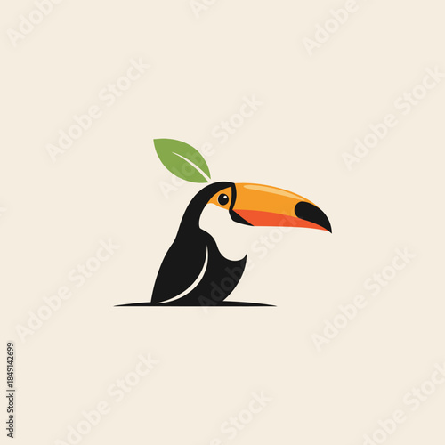 Stylized toucan bird with a vibrant orange beak and a green leaf on its head, depicted in a minimalist logo design.