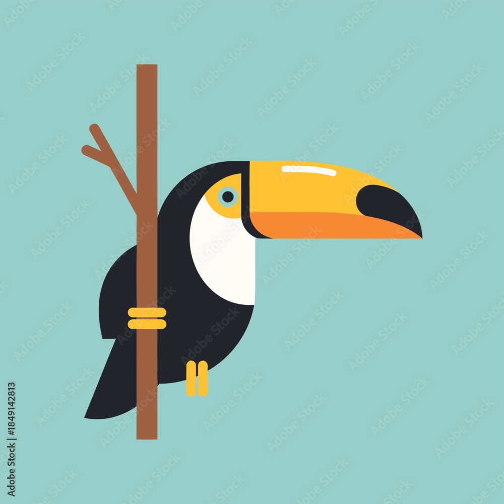 Naklejka premium Minimalist flat design illustration of a toucan bird perched on a brown branch against a light blue background.
