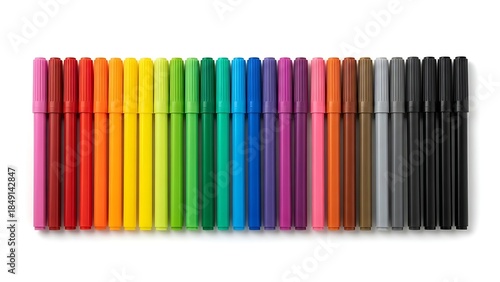 Row of colorful marker pens lined up neatly on a white background felt tip drawing