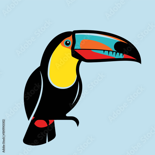 A stylized vector illustration of a colorful toucan bird with a large, vibrant beak and yellow chest, set against a light blue background.