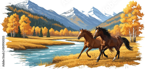 Two wild brown horses gallop along a vibrant riverbank surrounded by golden autumn trees and majestic snowcapped mountains