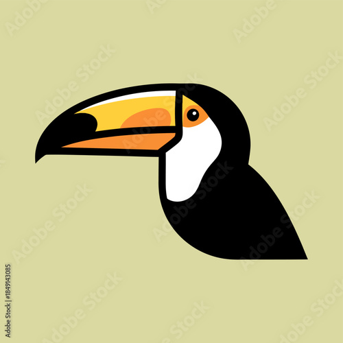 A minimalist, stylized illustration of a toucan's head with a large yellow and orange beak on a light green background.