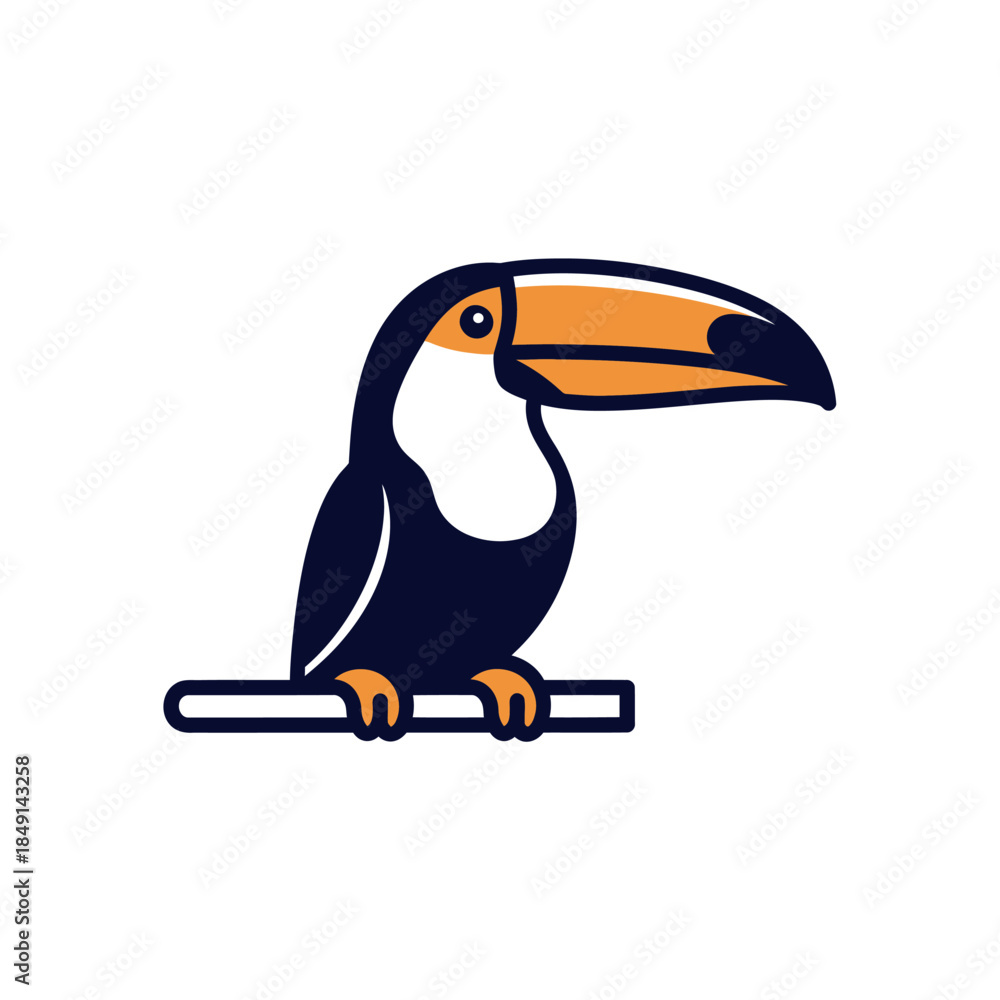 Obraz premium A simple graphic illustration of a toucan bird with an orange and black beak perched on a branch, isolated on white.