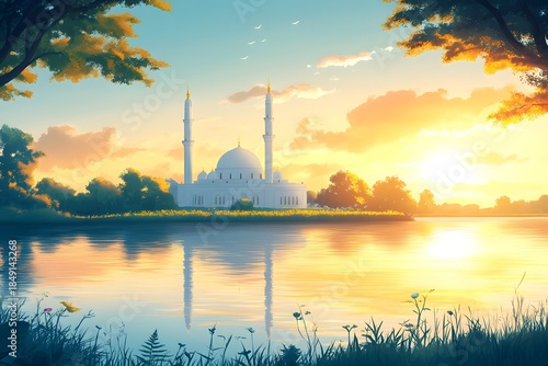 Grand religious edifice stands prominently beside calm water during vibrant sunset