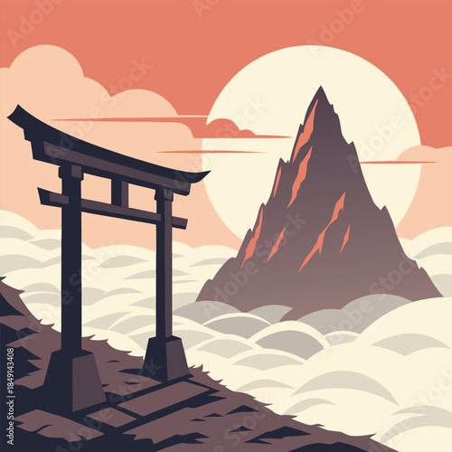 Serene Japanese torii gate standing on misty mountain path at sunset