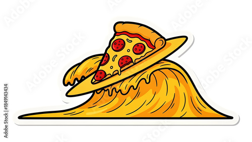 A cartoon illustration of a pepperoni pizza slice surfing on a yellow, cheesy wave with a white outline, depicting a fun food concept.
