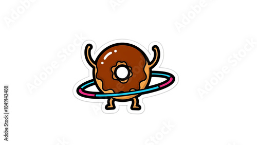 Cute cartoon chocolate donut character hula hooping with a colorful hoop on a white background.
