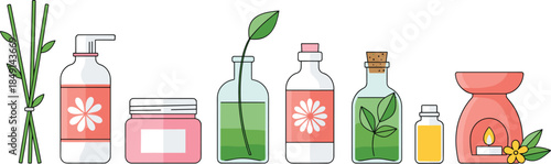Natural aromatherapy and cosmetic bottles set with essential oils herbs and spa accessories, minimalist wellness vector illustration
