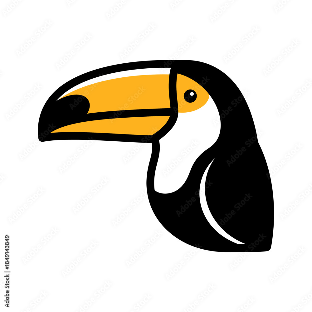 Naklejka premium Stylized graphic illustration of a toucan's head with a large yellow beak.