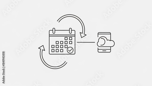 AIzaSyBIoNEMxfjvG6ihdwKfAeHDb5xZGyZi2eU Calendar and smartphone cloud sync icon representing scheduling and data transfer minimalist vector illustration 