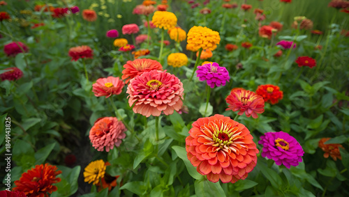 A field of vibrant zinnias in various shades and sizes, creating a lively and cheerful display of natural diversity. 
