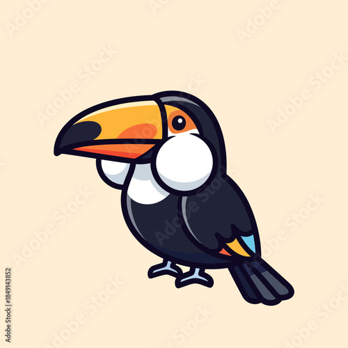 A cute cartoon toucan with a large orange beak and black body.
