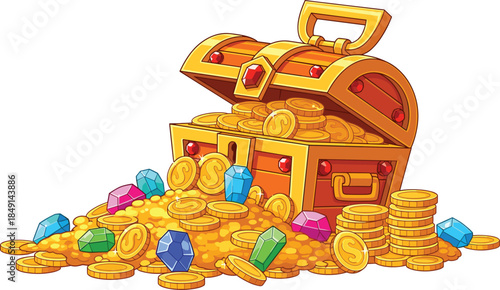 Open Treasure Chest Filled With Gold Coins And Colorful Gems Cartoon Vector Illustration For Games And Fantasy Concepts