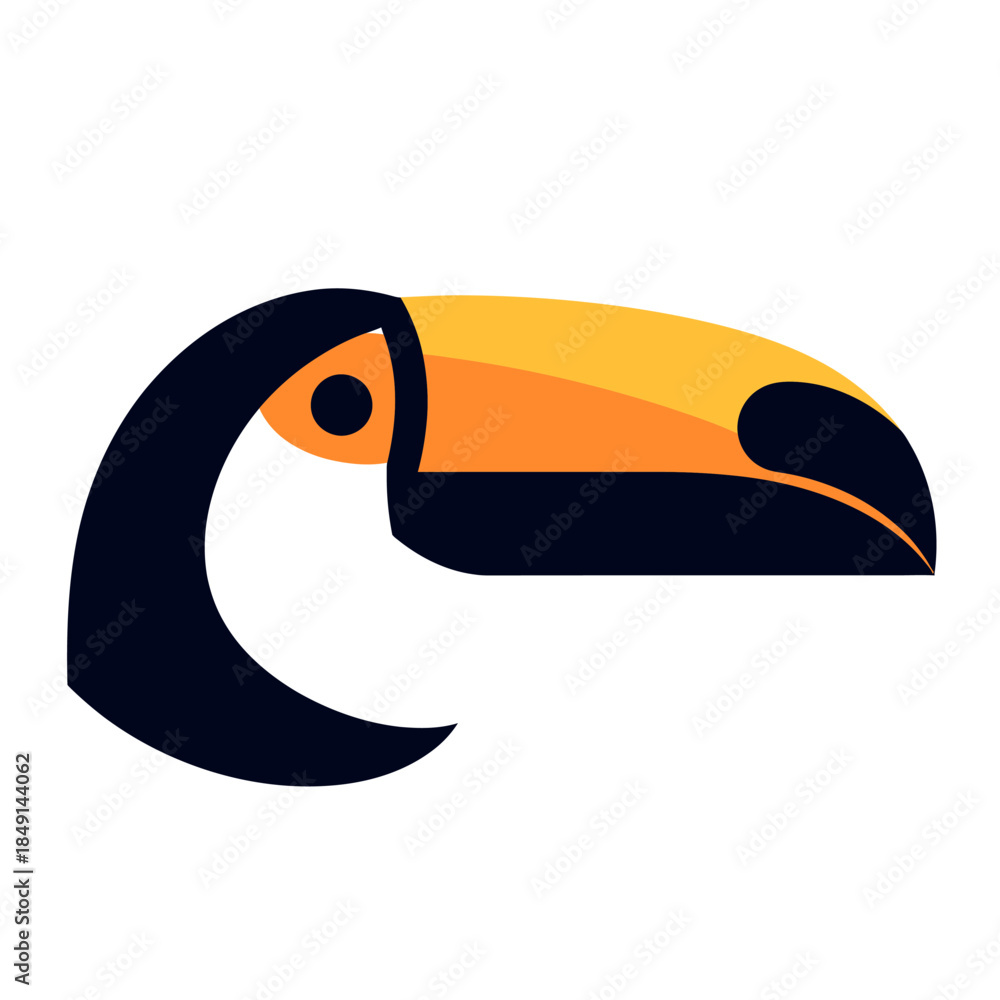 Fototapeta premium A minimalist graphic illustration of a toucan's head with a prominent orange and yellow beak, set against a white background.