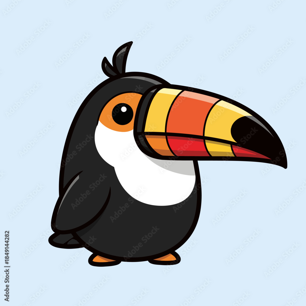Fototapeta premium A cute cartoon toucan with a large colorful beak and black body on a light blue background.