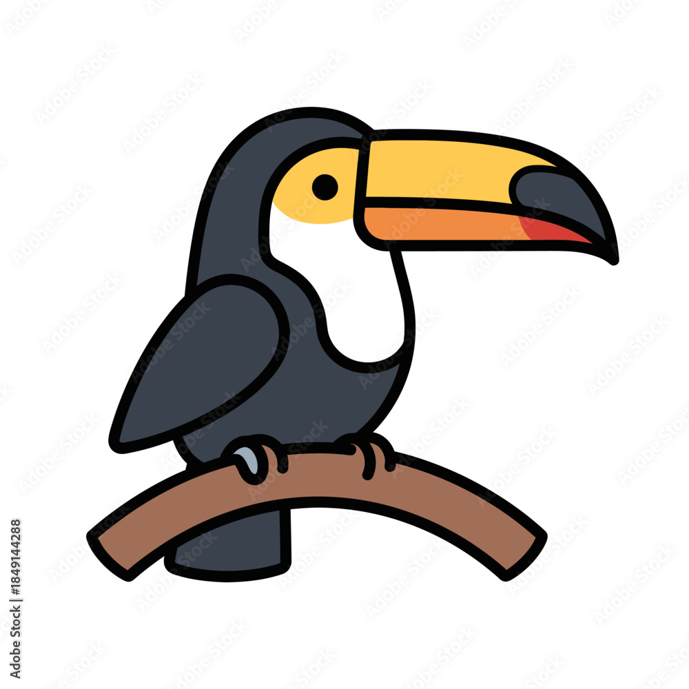 Fototapeta premium A cute cartoon toucan with a large colorful beak perched on a brown branch.