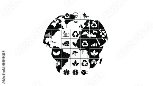 Eco friendly earth globe with recycling symbols and sustainable icons in black and white, representing environmental conservation and green initiatives on a white background