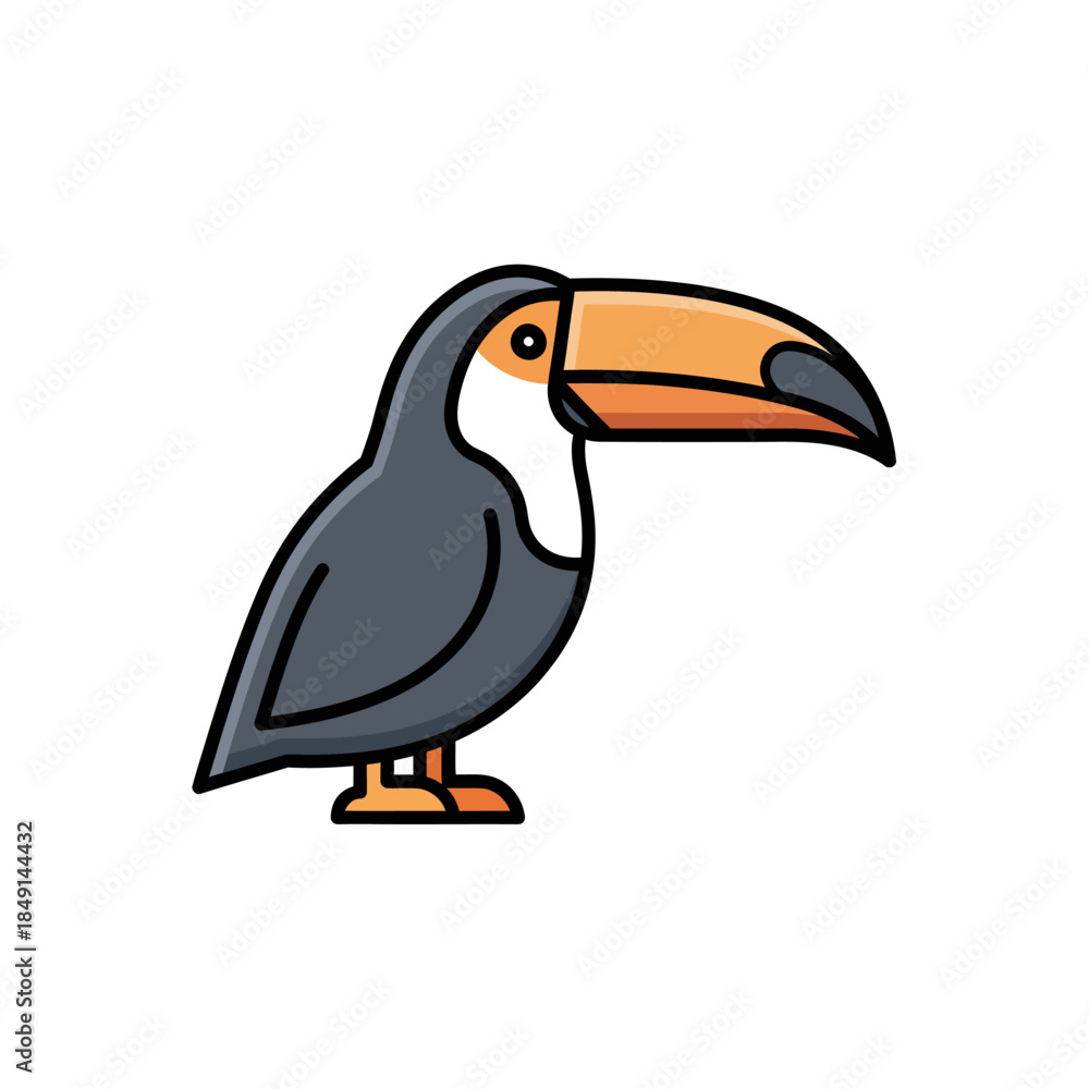 Naklejka premium Simple cartoon illustration of a toucan with a large orange beak and dark grey body, standing on a white background.