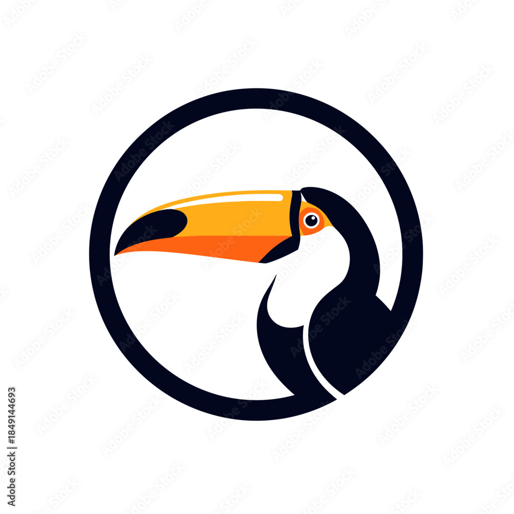 Fototapeta premium Stylized toucan bird head with large orange beak in a black circular frame.