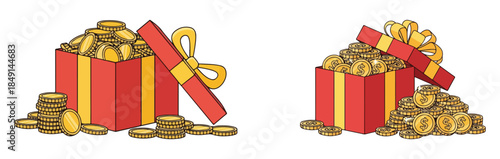 Simple Vector Illustration of Coins Overflowing from a Gift Box, Symbol of Wealth, Bonus, Savings, and Financial Reward