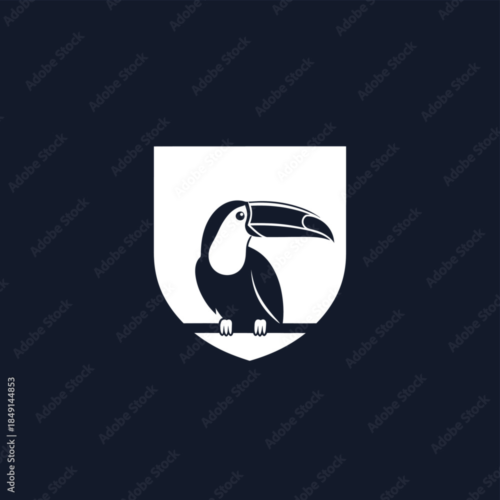 Obraz premium A minimalist graphic illustration of a black toucan bird perched on a branch inside a white shield emblem on a dark background.