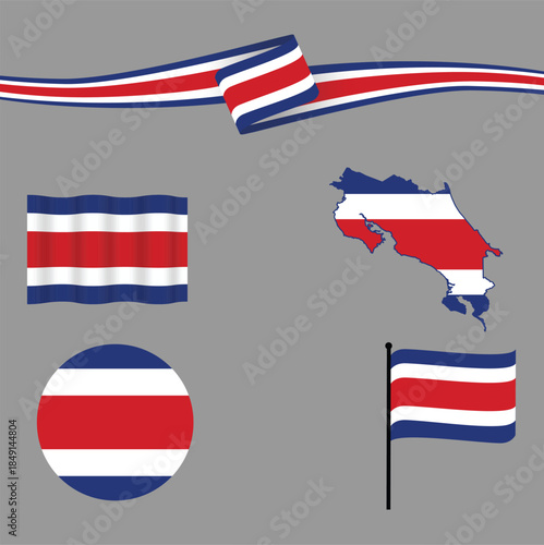 A beautifully designed map of Costa Rica featuring a decorative ribbon and two different styles of national flags, symbolizing the country’s identity, culture, heritage, and pride in a creative visual