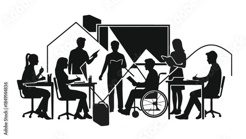 Diverse team people working together in office with wheelchair accessibility inclusive workplace collaboration modern business concept