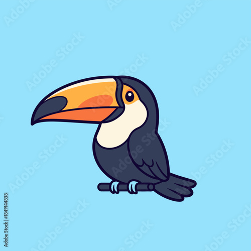 A cute cartoon toucan with a large colorful beak perched on a branch against a light blue background.