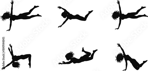 Falling silhouette poses, floating human motion, black outline, minimal art, expressive descent, gravity gesture, emotional movement, conceptual anatomy study