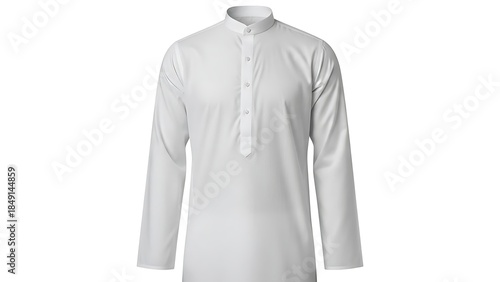 White Men's Kurta Shirt with Band Collar and Button Placket on White Background clothing