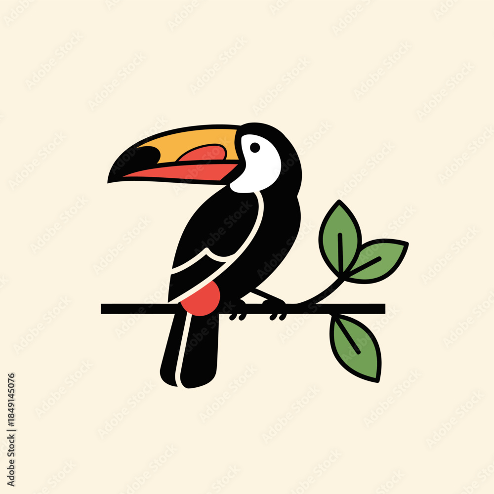 Obraz premium Stylized illustration of a toucan bird with a colorful beak perched on a leafy branch against a light background.