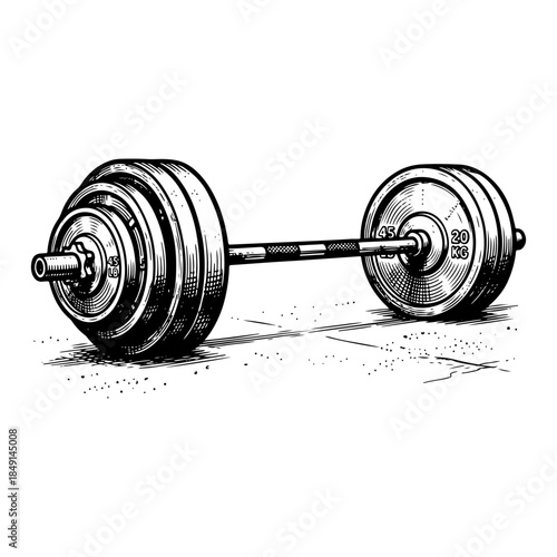 Hand-drawn engraving style illustration of a heavy barbell with weight plates for gym and fitness training isolated on white.