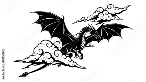 Majestic black and white illustration of a fierce dragon soaring through smoky clouds in a fantasy