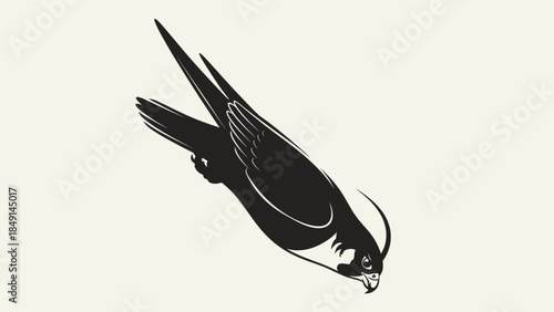 Minimalist Black Silhouette of a Swift Flying Bird with Sharp Wings and Curved Tail on a Light