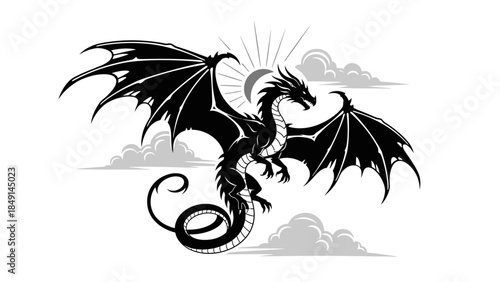 Elegant black dragon soaring through the sky with detailed wings and a majestic pose creating a