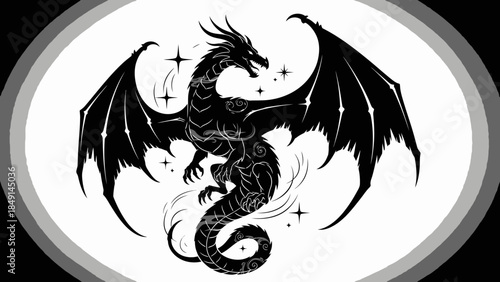 Intricate black and white illustration of a mythical dragon with detailed wings and a fierce posture