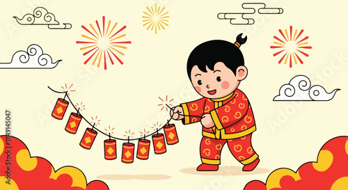 A cheerful Asian child in traditional red attire holding a string of lanterns with festive fireworks and clouds in the background.