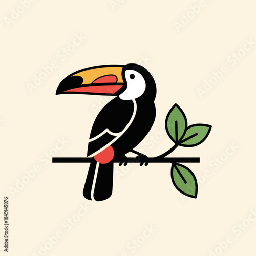 Stylized illustration of a toucan bird with a colorful beak perched on a leafy branch against a light background.