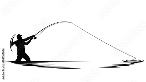 Silhouette of a person fishing with a curved fishing rod creating ripples in water